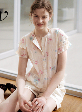 Even Vintage | 法式俏皮 亨利领粉蓝印花波浪袖春夏新款短袖上衣