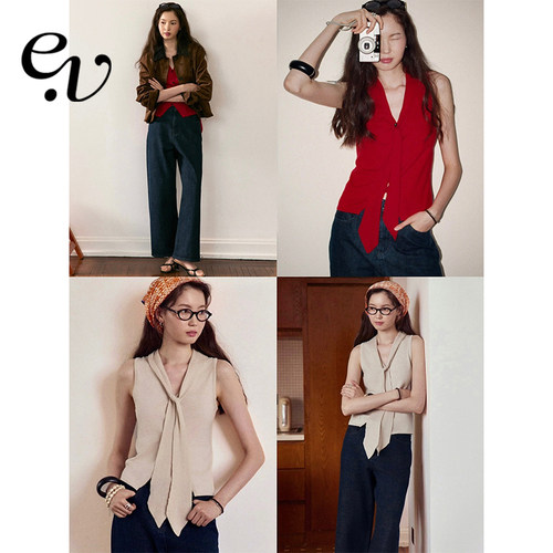 Even Vintage | 桑蚕丝棉混纺 高智感修身优雅针织飘带背心马甲女