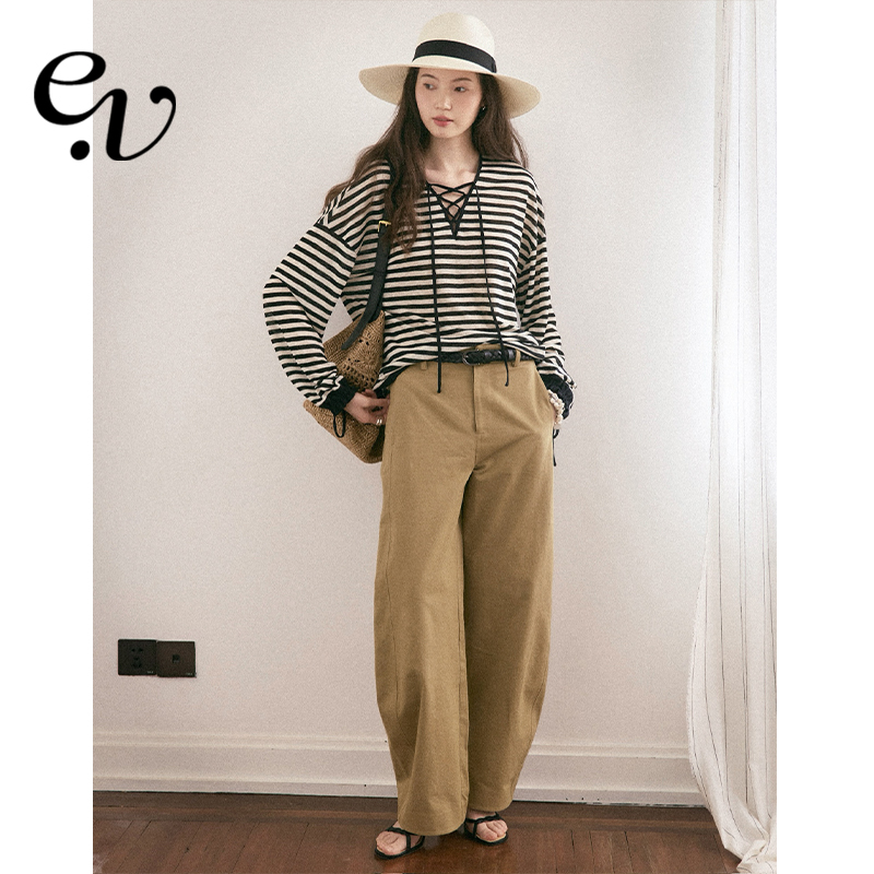 Even Vintage | 经典条纹 慵懒松弛时髦感系带V领宽松透气T恤上衣