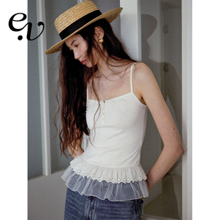 方领抽褶拼接百搭吊带背心25夏季 Vintage Even 新款 明星同款