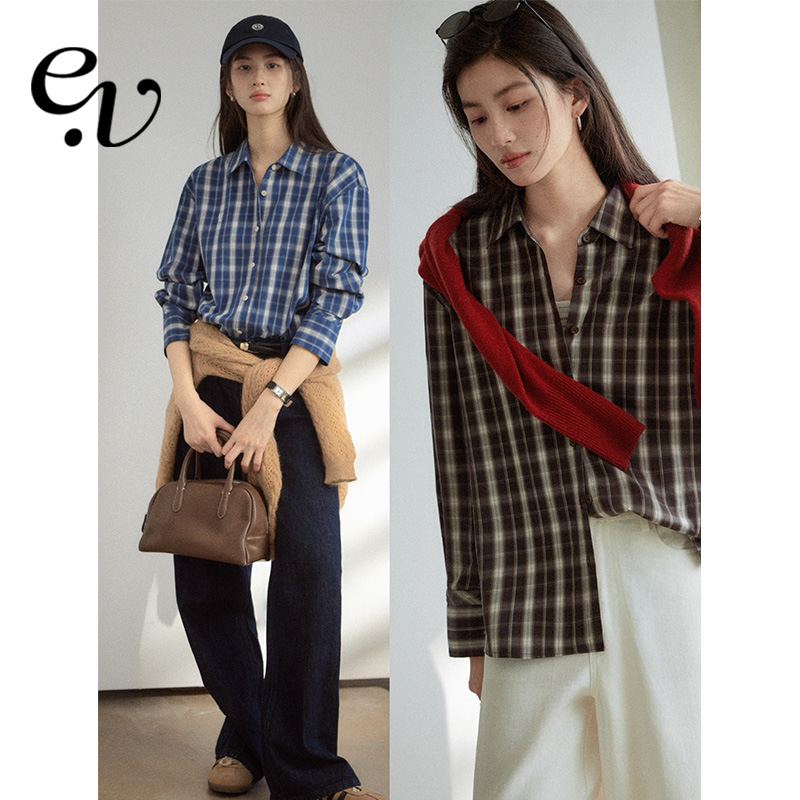 Even Vintage| 全棉碳素磨毛 通勤复古感格纹定制logo刺绣衬衫女