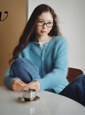 Even Vintage|高比例动物毛 唯美湖蓝色日常秋冬时髦针织开衫外套