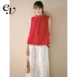 肌理感红色无袖 天丝亚麻 立领微褶上衣 Vintage Even