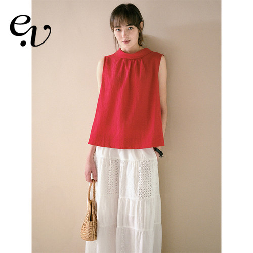 Even Vintage | 天丝亚麻 肌理感红色无袖立领微褶上衣