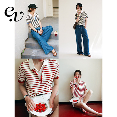 Even Vintage| 海风闲情 假两件夏新品条纹polo宽松短袖T恤上衣女