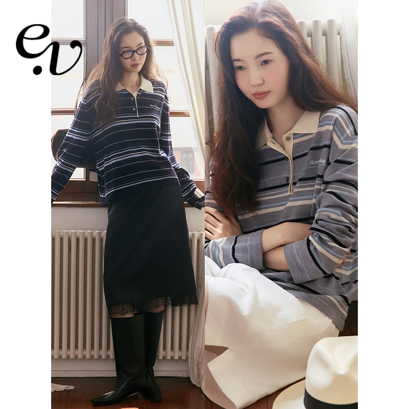 Even Vintage | 德国扬子100%羊毛 撞色polo领条纹长袖针织衫早秋