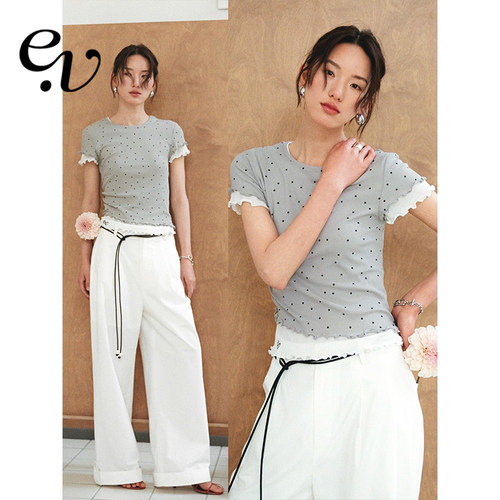 Even Vintage| 松弛夏日 100%棉假两件撞色针织短袖T恤女波点上衣