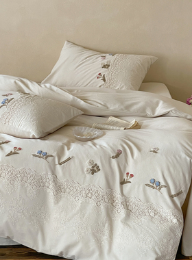 法式自然亚麻棉A类镂空花边少女床品棉麻刺绣花卉被套床上四件套