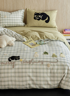 格子猫全棉A类长绒棉磨毛儿童床品三件纯棉被套男女孩床单四件套