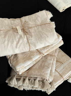 高级感中古侘寂剪花棉亚麻天丝提花盖毯披肩毯沙发毯空调午睡毯子