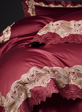 缦华礼赞高奢红色蕾丝奢金绣婚庆全棉长绒棉贡缎床品结婚礼四件套
