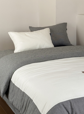 ins诺町全棉柔软双层纱刺绣床品简约格子纯棉被套男生床上四件套