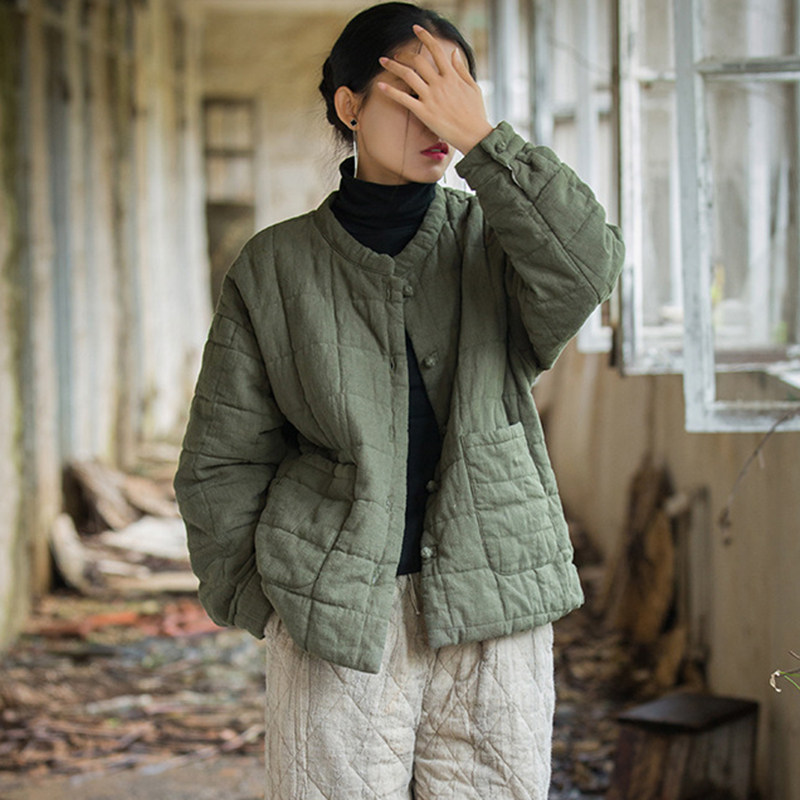 24冬季女装新款苎麻夹棉绗缝方格棉袄棉服时尚文艺个性女式短棉衣