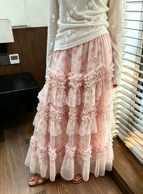 实拍法式碎花色蕾丝半身裙女甜美公主芭蕾纱裙设计感蓬蓬蛋糕裙