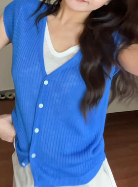 多巴胺穿搭黄色冰丝针织短袖T恤女夏季设计感小众漂亮假两件上衣