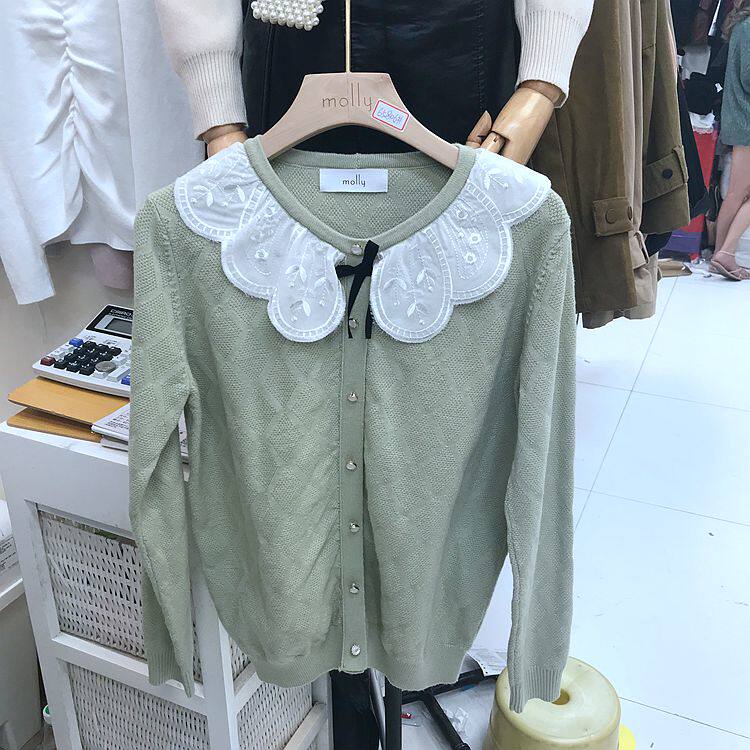 秋冬甜美风娃娃领蕾丝针织衫女绿色纽扣圆领套头长袖毛衣洋气上衣