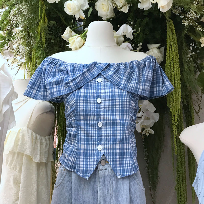 2025夏季新款一字领格子荷叶边拼接露肩短袖衬衫女修身显瘦上衣
