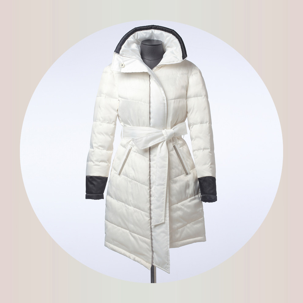 撞色中长羽绒服米个原创
