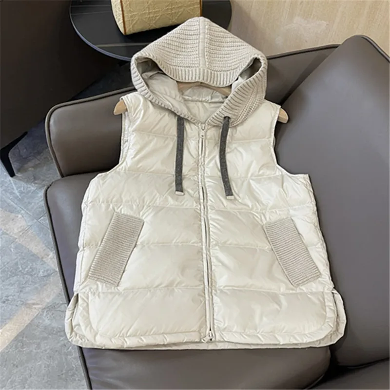 2024秋冬毛线拼接羽绒服马甲洋气时尚保暖无袖连帽外套女加厚马夹