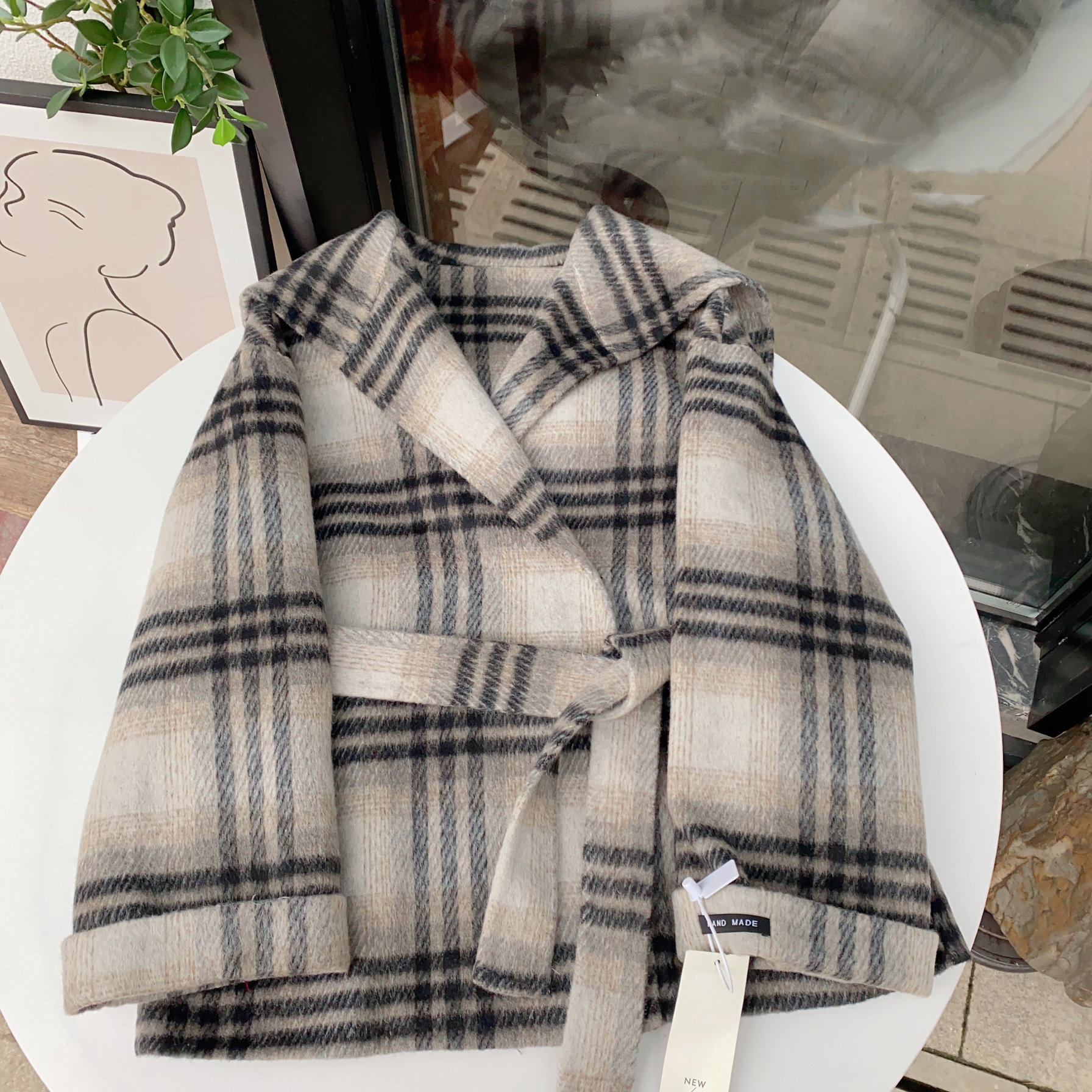 韩国东大门海军领腰带格纹双面羊绒毛呢大衣外套女新款