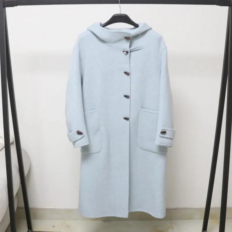 25新款复古学院感连帽格纹牛角扣双面呢大衣中长款羊毛外套