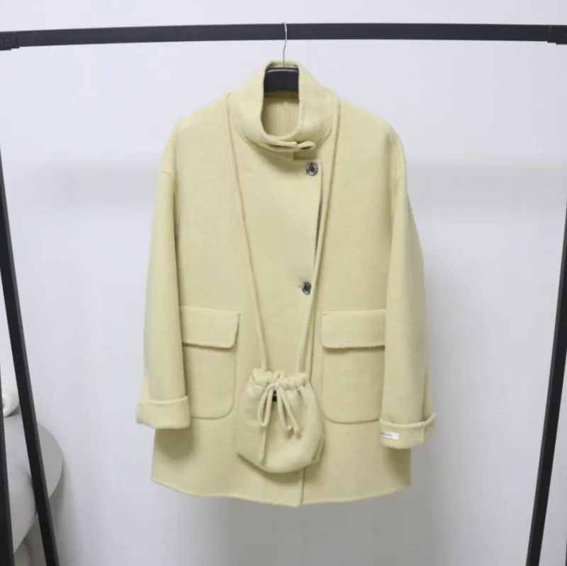 欧洲站秋冬2025设计感立领斜门襟羊毛双面呢大衣中长款减龄外套