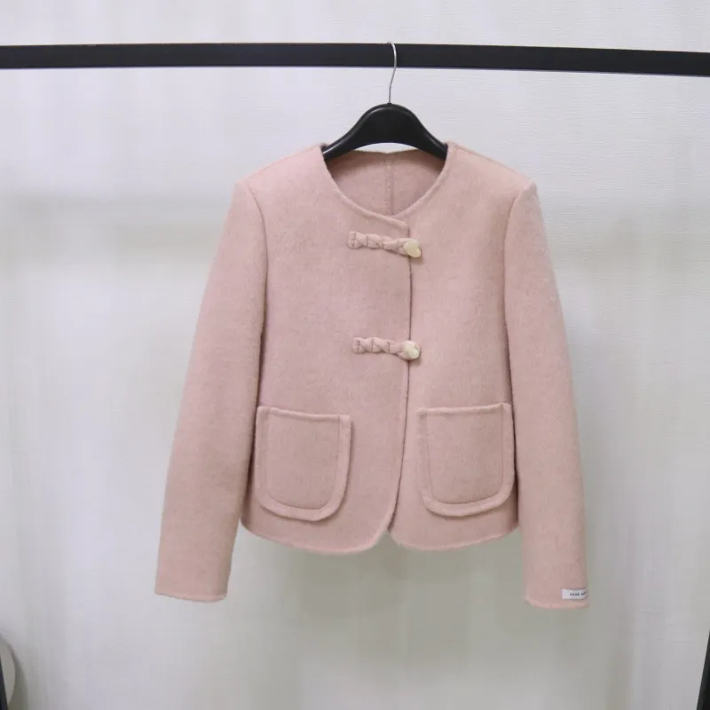 2024韩系小香风双面呢羊毛大衣女小个子短款羊毛麻花毛呢外套