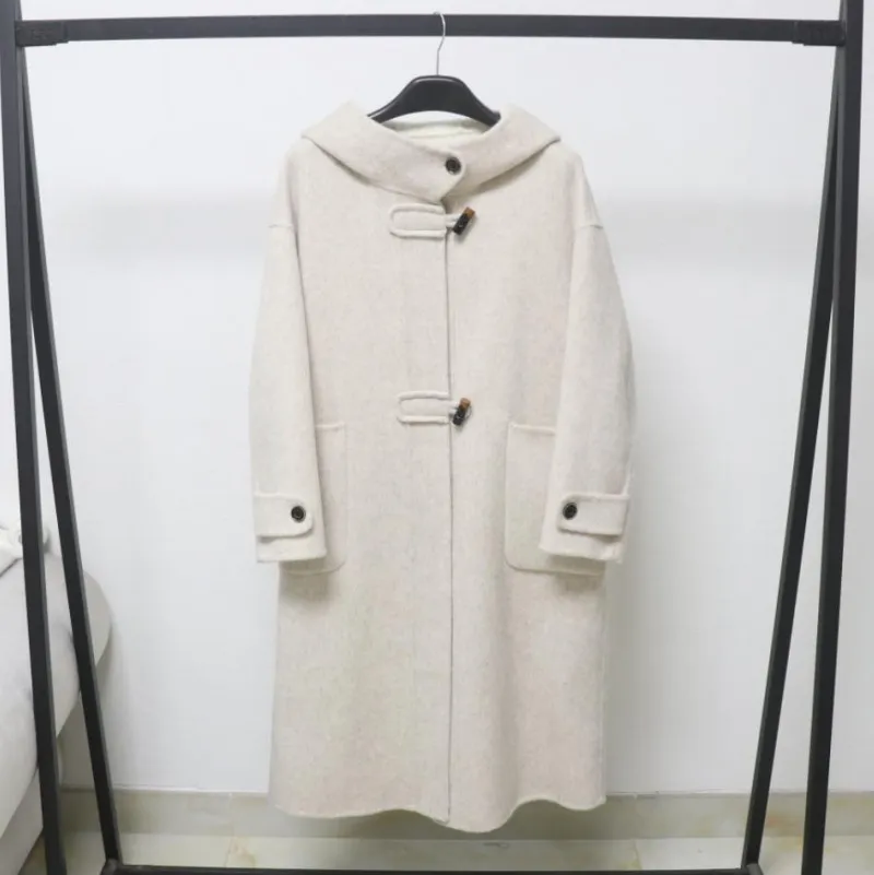 欧洲站秋冬新款连帽韩系牛角扣中长款宽松显瘦双面羊毛大衣女