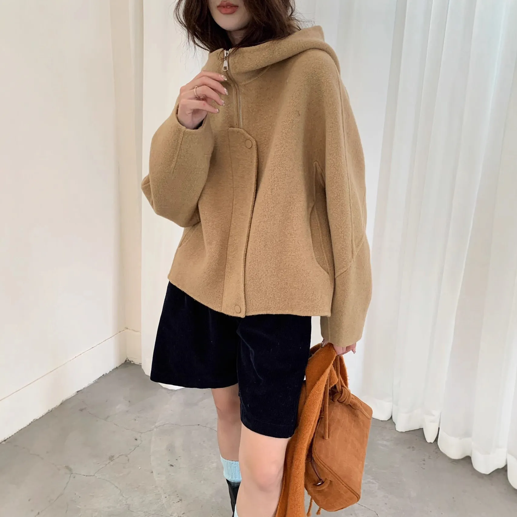 爆款2025秋冬新款拉链连帽小个子双面羊毛呢大衣机车加厚毛呢外套