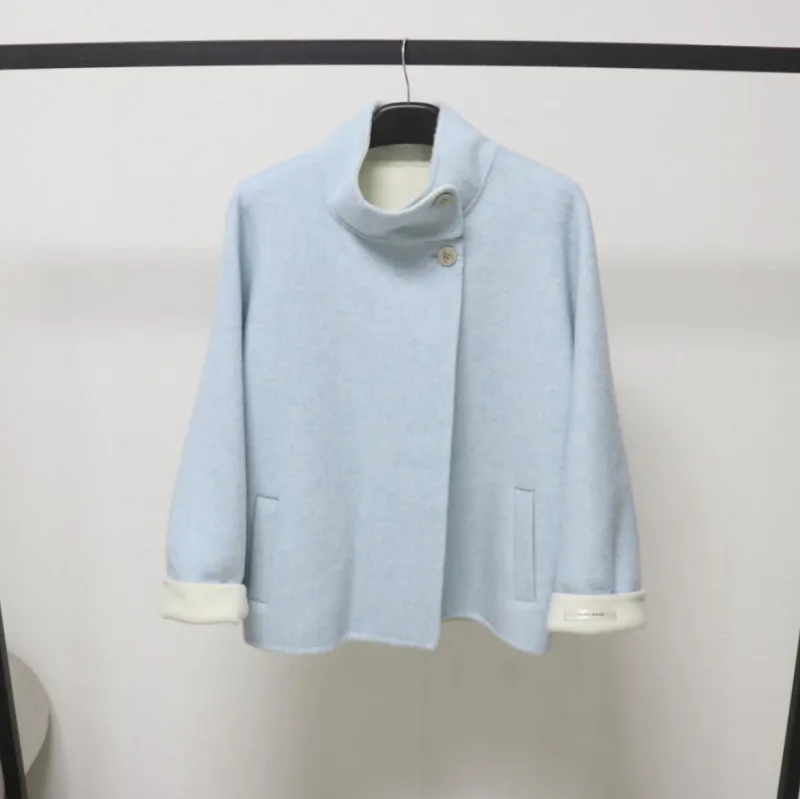 欧洲站羊毛气质立领短款百搭长袖双面呢大衣冬新款休闲外套女