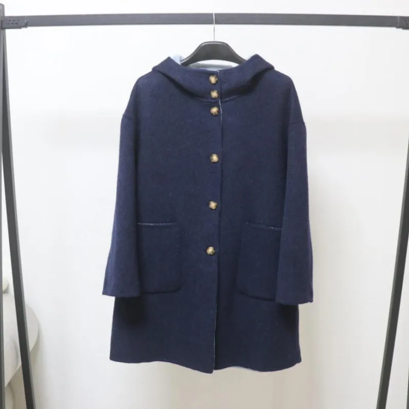 宽松羊毛呢外套2025秋冬新款双面羊毛连帽落肩袖长款双面呢大衣