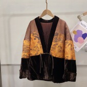 上衣 加绒加厚宽松复古外套U国风V领提花毛领保暖女款 新中式 秋冬款