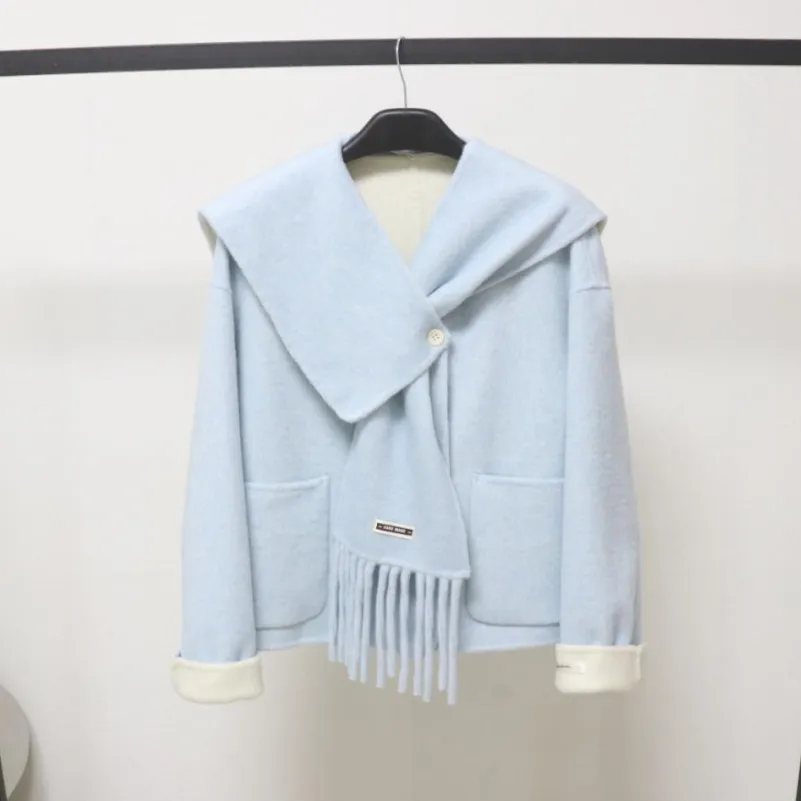 秋冬季新款流苏围巾双面羊毛大衣女小个子双色韩系高级感毛呢外套
