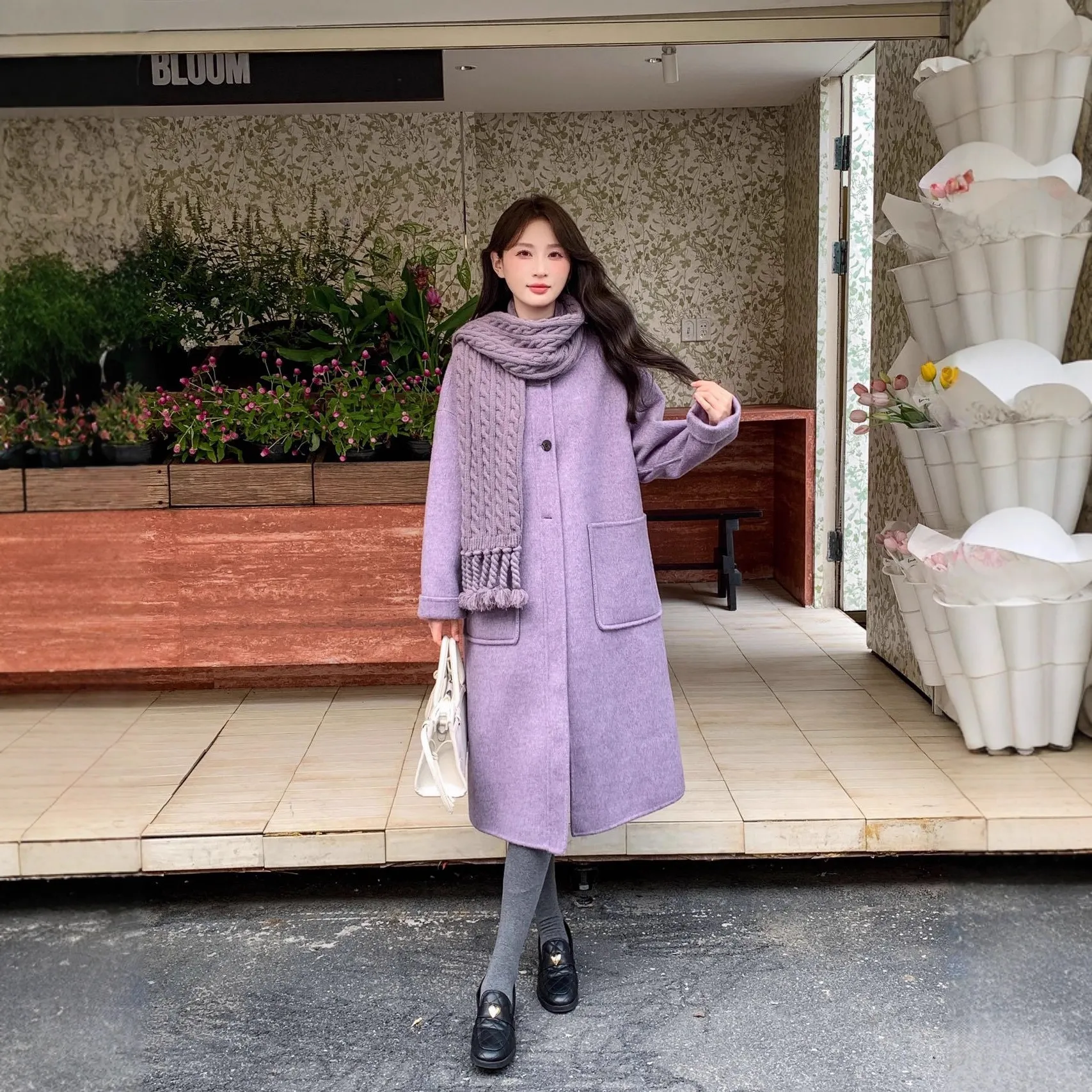 2025秋冬新款韩系简约围巾双面羊毛大衣女中长款百搭羊毛呢外套