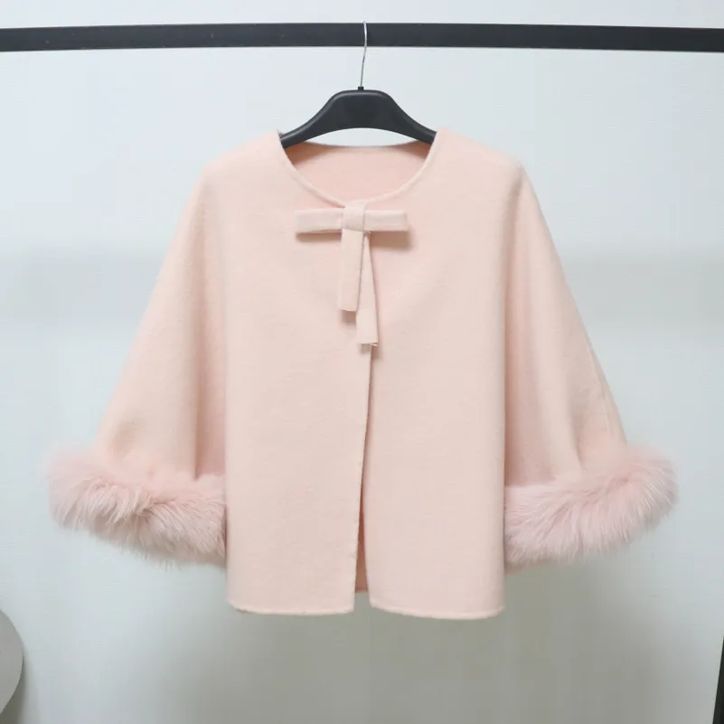 欧洲站小香风甜美双面羊毛外套女2025冬新款小众斗篷式毛呢上衣