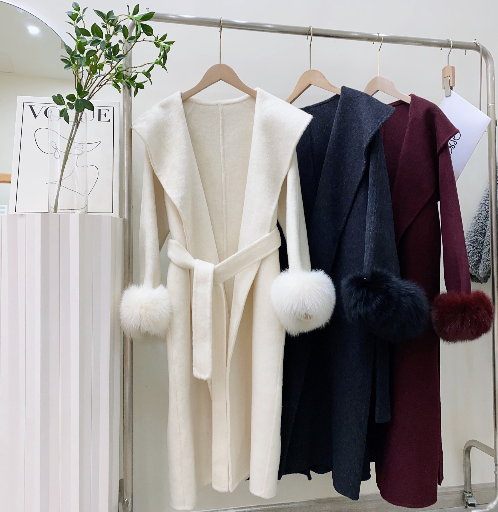 2024秋冬新款高端双面羊绒大衣女大翻领中长款高级感袖口狐狸毛呢