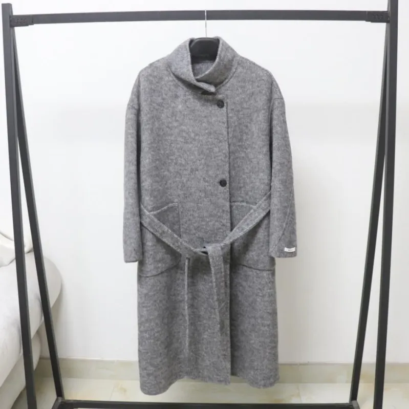 2025立领浪漫色系双面羊毛大衣女中长款冬款羊毛呢外套系带