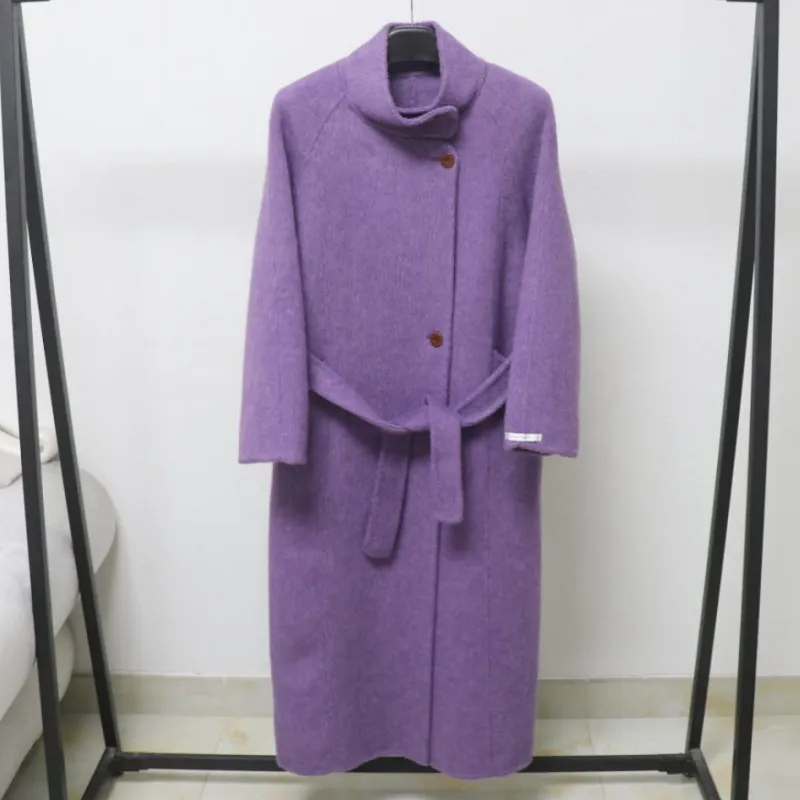 秋冬新款小个子双面羊猫大衣女韩版立领宽松显瘦中长款羊毛呢外套