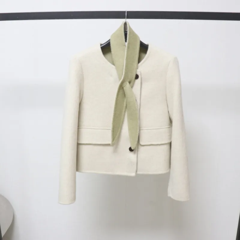 欧洲站甜美韩系双面羊毛外套配可拆卸羊毛围巾羊毛外套呢大衣短款