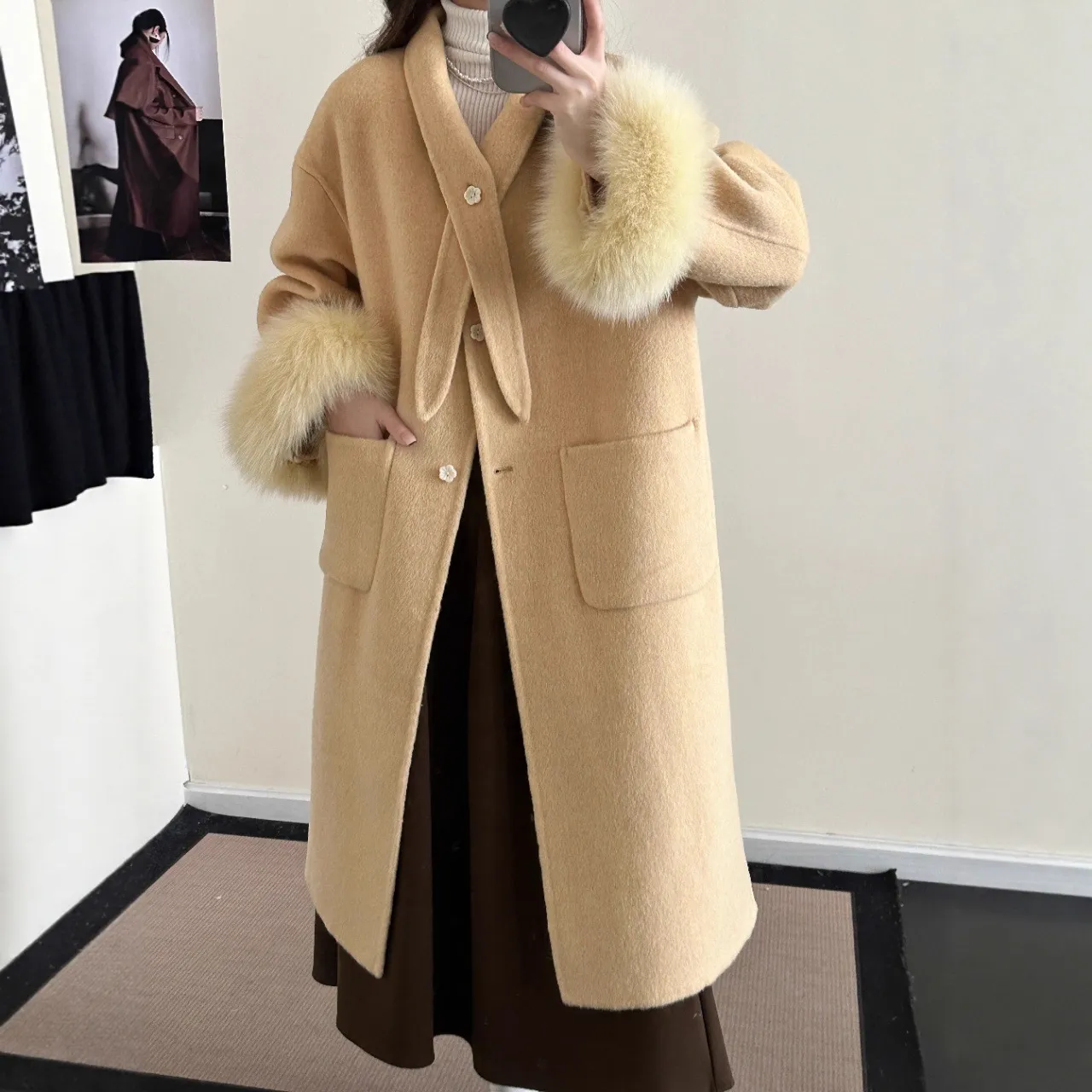 2025秋冬新款双面羊毛大衣韩版宽松袖子毛毛毛呢外套现货