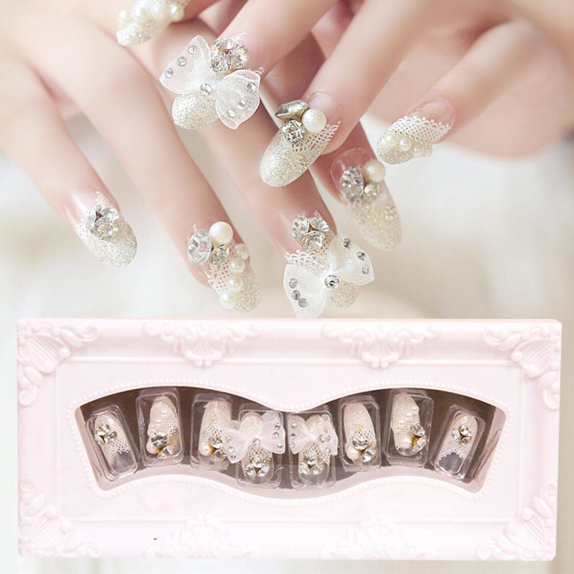 奢华水钻蕾丝银色蝴蝶结假指甲新娘可穿戴美甲贴片背胶款24片包邮