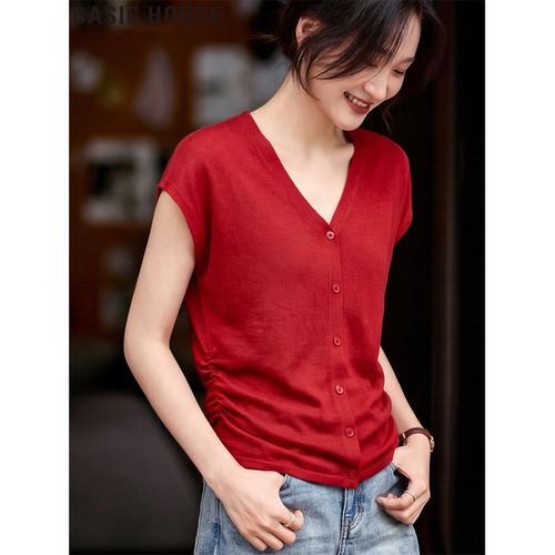 百家好红色V领短袖针织衫上衣女