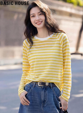 Basic House/百家好黄色条纹圆领薄款长袖T恤女夏季减龄防晒罩衫