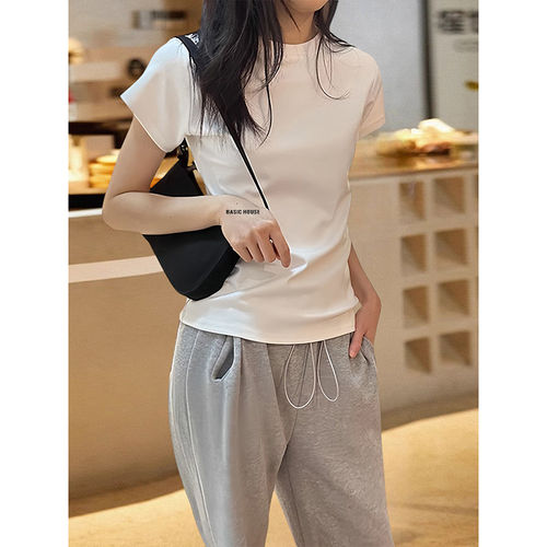 百家好修身白色短袖正肩T恤女