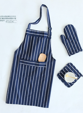 创意北欧风条纹蓝色图形纯棉围裙情侣款时尚厨房伴侣家用酒店用