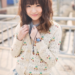 官网代购GOROKE韩国森林系超可爱小樱桃镂空圆领针织衫开衫2色入