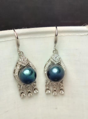 手工制作 9-10mm天然淡水珍珠孔雀绿珍珠锆石耳钉  耳坠