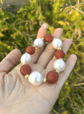 手作定制本命年红红火火新年礼物南红天然巴洛克淡水珍珠弹力手串