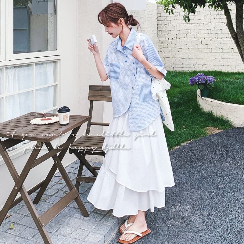 蓝色条纹衬衫套装裙女2025年夏季新款韩系减龄不规则半身裙两件套图片