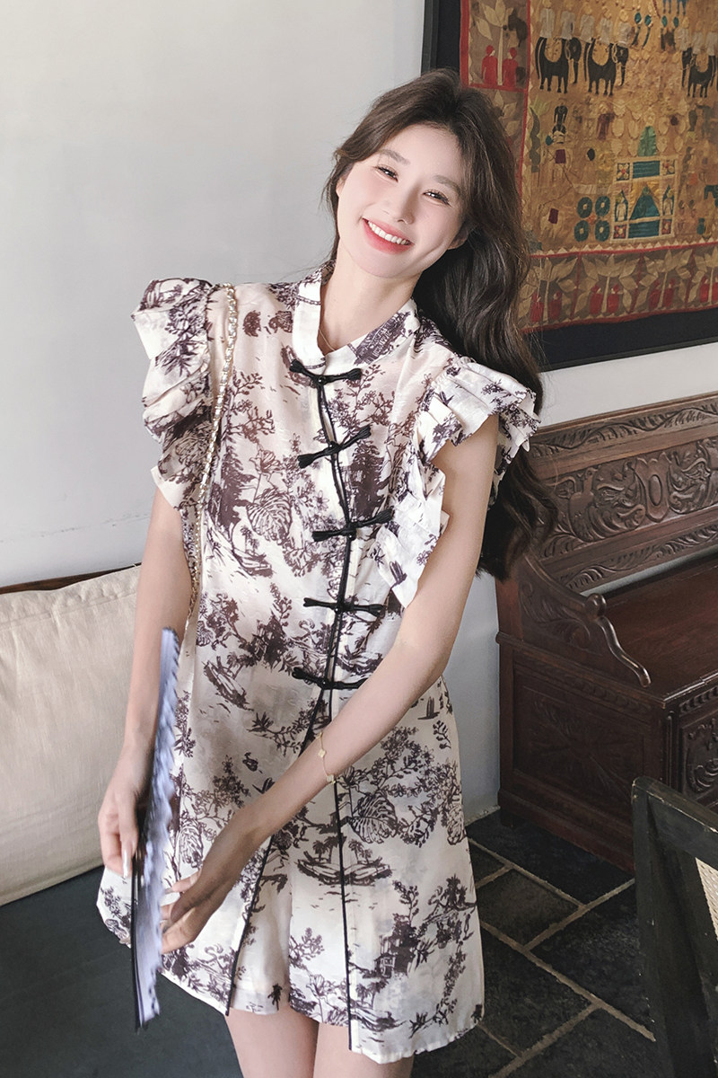新中式水墨画小飞袖两件套女夏季2024新款减龄小个子洋气国风套装,女装套装/套裙,2C069